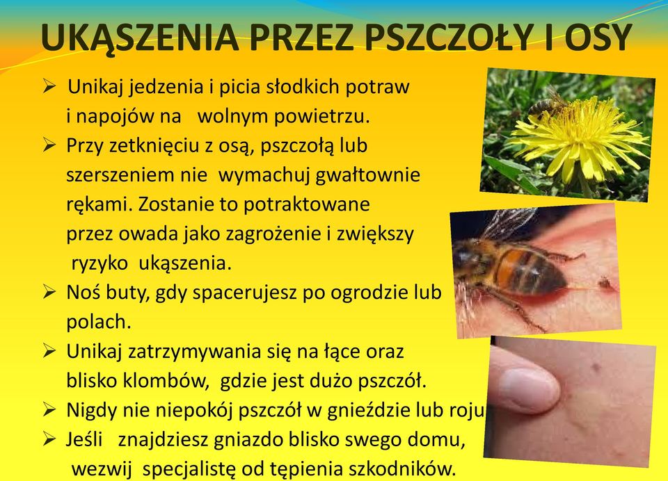 Zostanie to potraktowane przez owada jako zagrożenie i zwiększy ryzyko ukąszenia. Noś buty, gdy spacerujesz po ogrodzie lub polach.