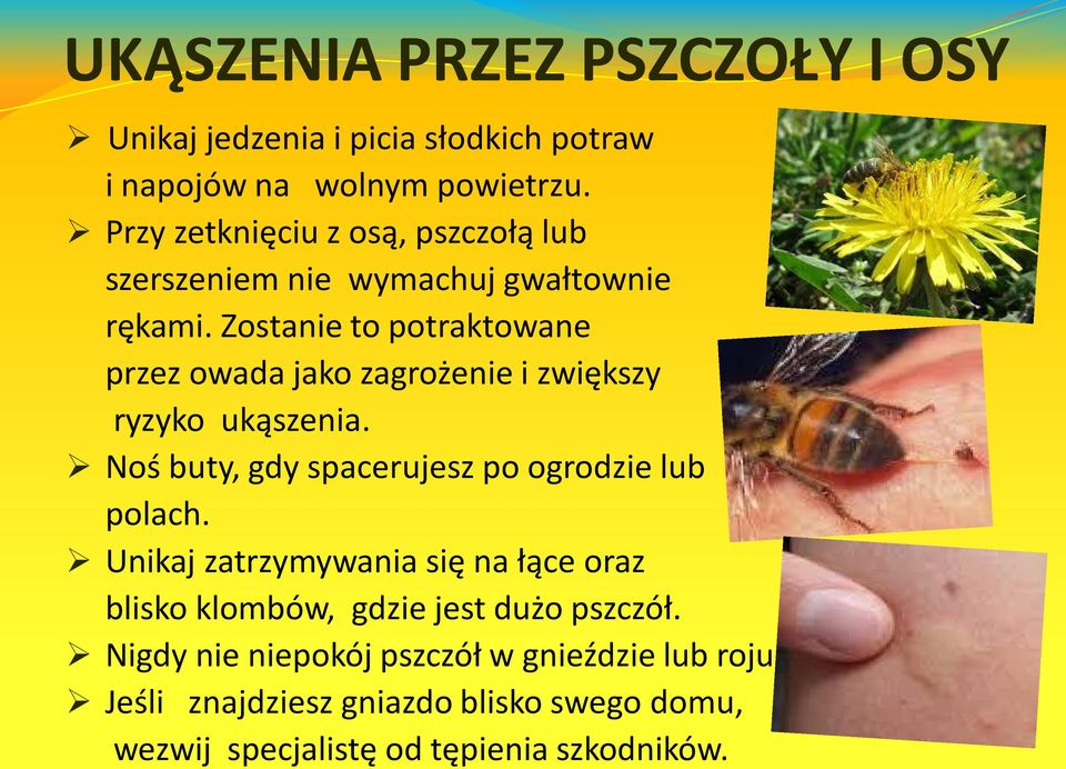 Zostanie to potraktowane przez owada jako zagrożenie i zwiększy ryzyko ukąszenia. Noś buty, gdy spacerujesz po ogrodzie lub polach.