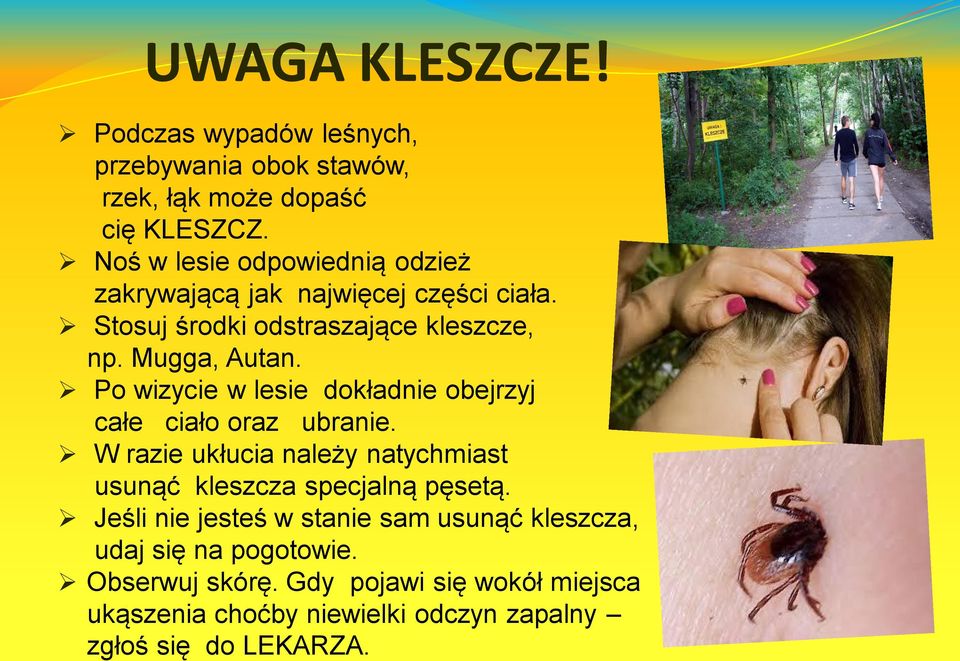 Po wizycie w lesie dokładnie obejrzyj całe ciało oraz ubranie. W razie ukłucia należy natychmiast usunąć kleszcza specjalną pęsetą.