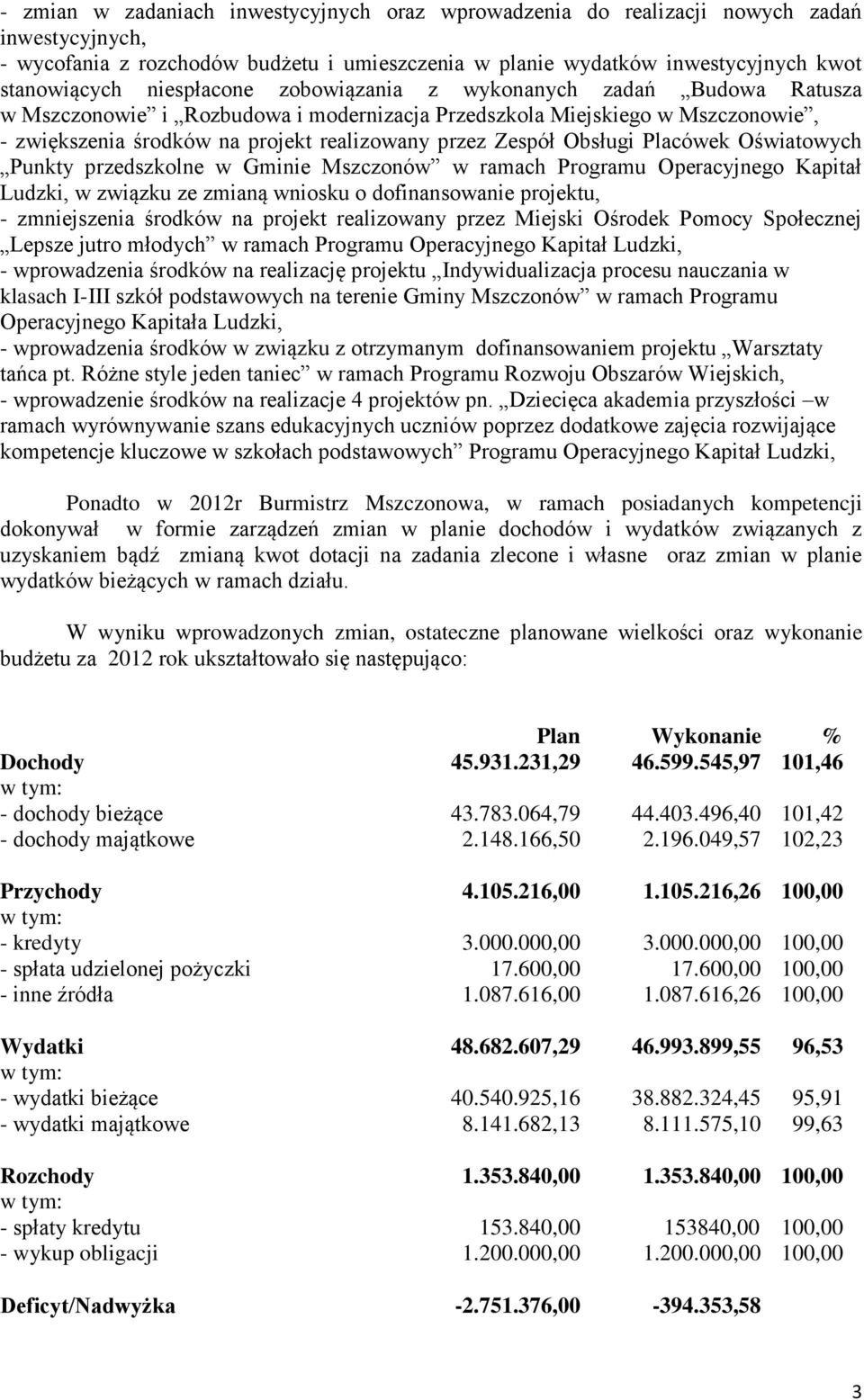 Obsługi Placówek Oświatowych Punkty przedszkolne w Gminie Mszczonów w ramach Programu Operacyjnego Kapitał Ludzki, w związku ze zmianą wniosku o dofinansowanie projektu, - zmniejszenia środków na