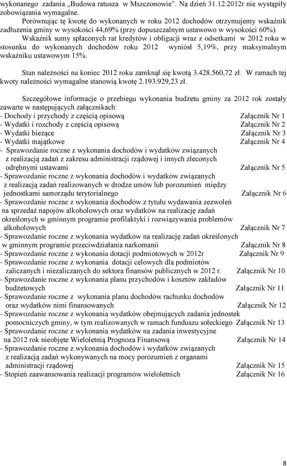 Wskaźnik sumy spłaconych rat kredytów i obligacji wraz z odsetkami w 2012 roku w stosunku do wykonanych dochodów roku 2012 wyniósł 5,19%, przy maksymalnym wskaźniku ustawowym 15%.