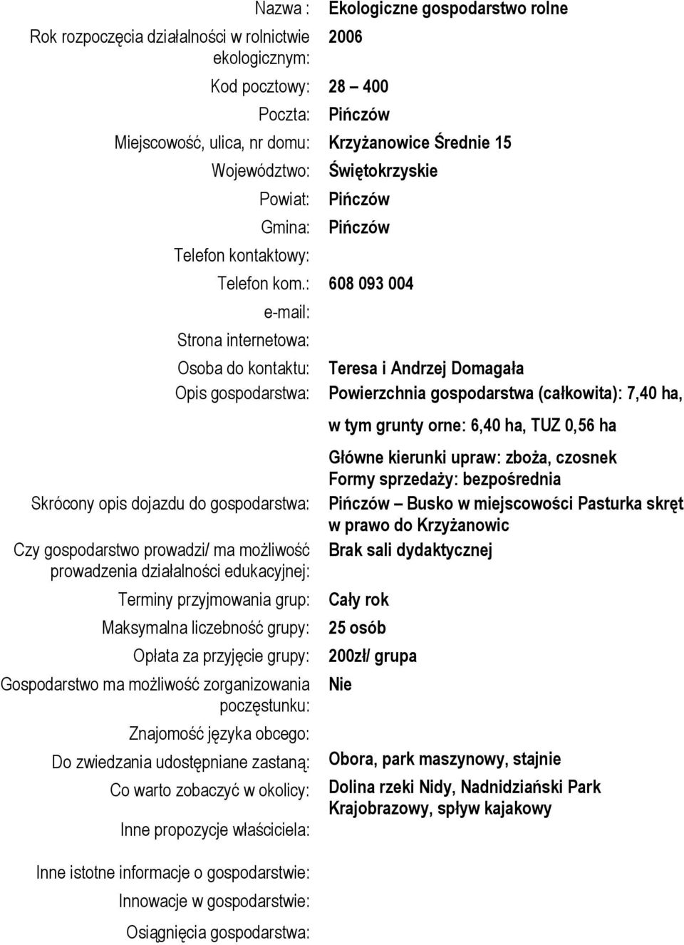 : 608 093 004 Strona internetowa: Osoba do kontaktu: Opis gospodarstwa: Skrócony opis dojazdu do gospodarstwa: Czy gospodarstwo prowadzi/ ma możliwość prowadzenia działalności edukacyjnej: