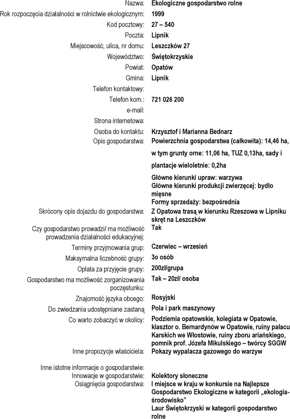 : 721 026 200 Strona internetowa: Osoba do kontaktu: Opis gospodarstwa: Skrócony opis dojazdu do gospodarstwa: Czy gospodarstwo prowadzi/ ma możliwość prowadzenia działalności edukacyjnej: