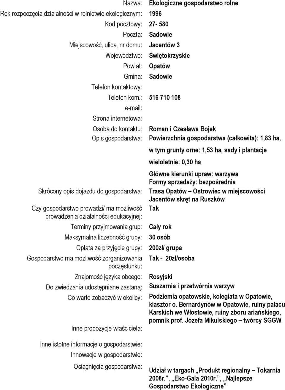 : 516 710 108 Strona internetowa: Osoba do kontaktu: Opis gospodarstwa: Skrócony opis dojazdu do gospodarstwa: Czy gospodarstwo prowadzi/ ma możliwość prowadzenia działalności edukacyjnej: