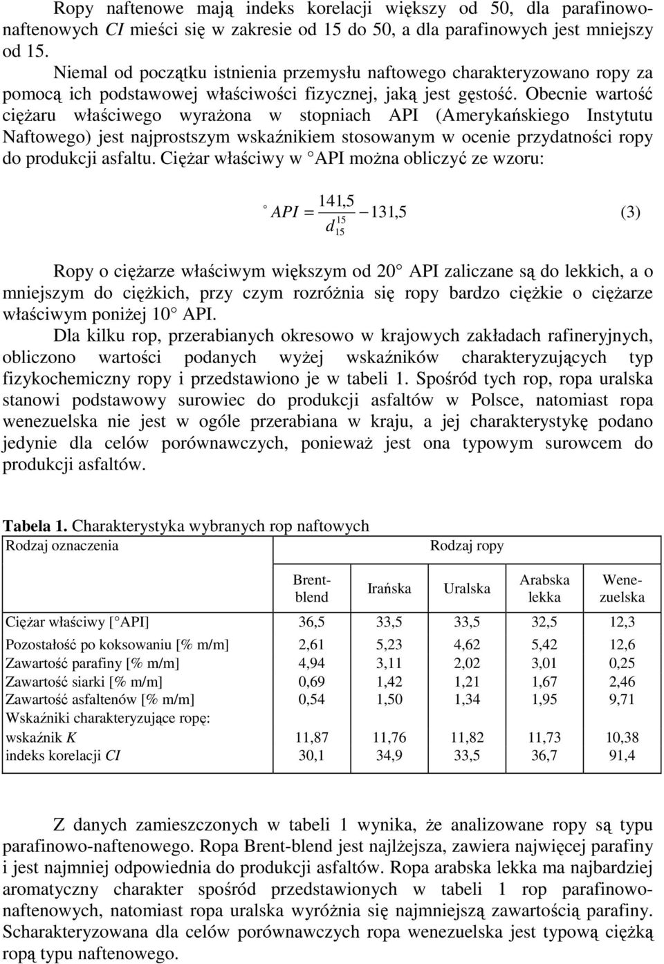 Obecnie wartość cięŝaru właściwego wyraŝona w stopniach API (Amerykańskiego Instytutu Naftowego) jest najprostszym wskaźnikiem stosowanym w ocenie przydatności ropy do produkcji asfaltu.