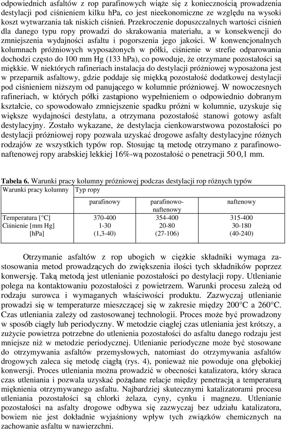 W konwencjonalnych kolumnach próŝniowych wyposaŝonych w półki, ciśnienie w strefie odparowania dochodzi często do 100 mm Hg (133 hpa), co powoduje, Ŝe otrzymane pozostałości są miękkie.