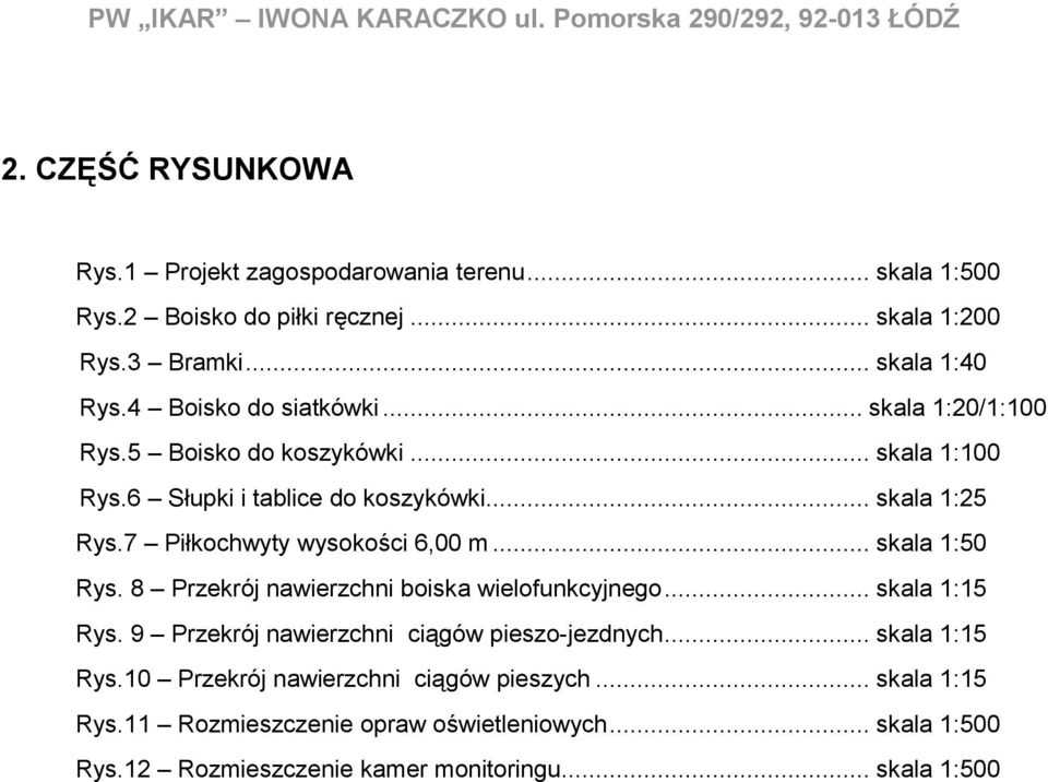 .. skala 1:25 Rys.7 Piłkochwyty wysokości 6,00 m... skala 1:50 Rys. 8 Przekrój nawierzchni boiska wielofunkcyjnego... skala 1:15 Rys.