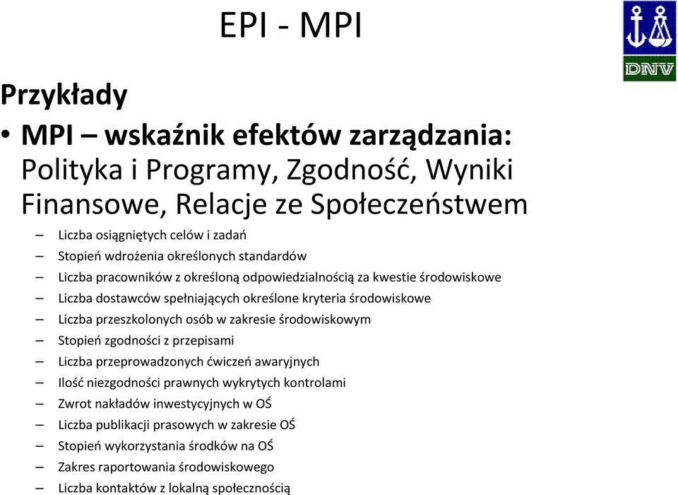 Liczba przeszkolonych osób w zakresie środowiskowym Stopień zgodności z przepisami Liczba przeprowadzonych ćwiczeń awaryjnych Ilość niezgodności prawnych wykrytych kontrolami