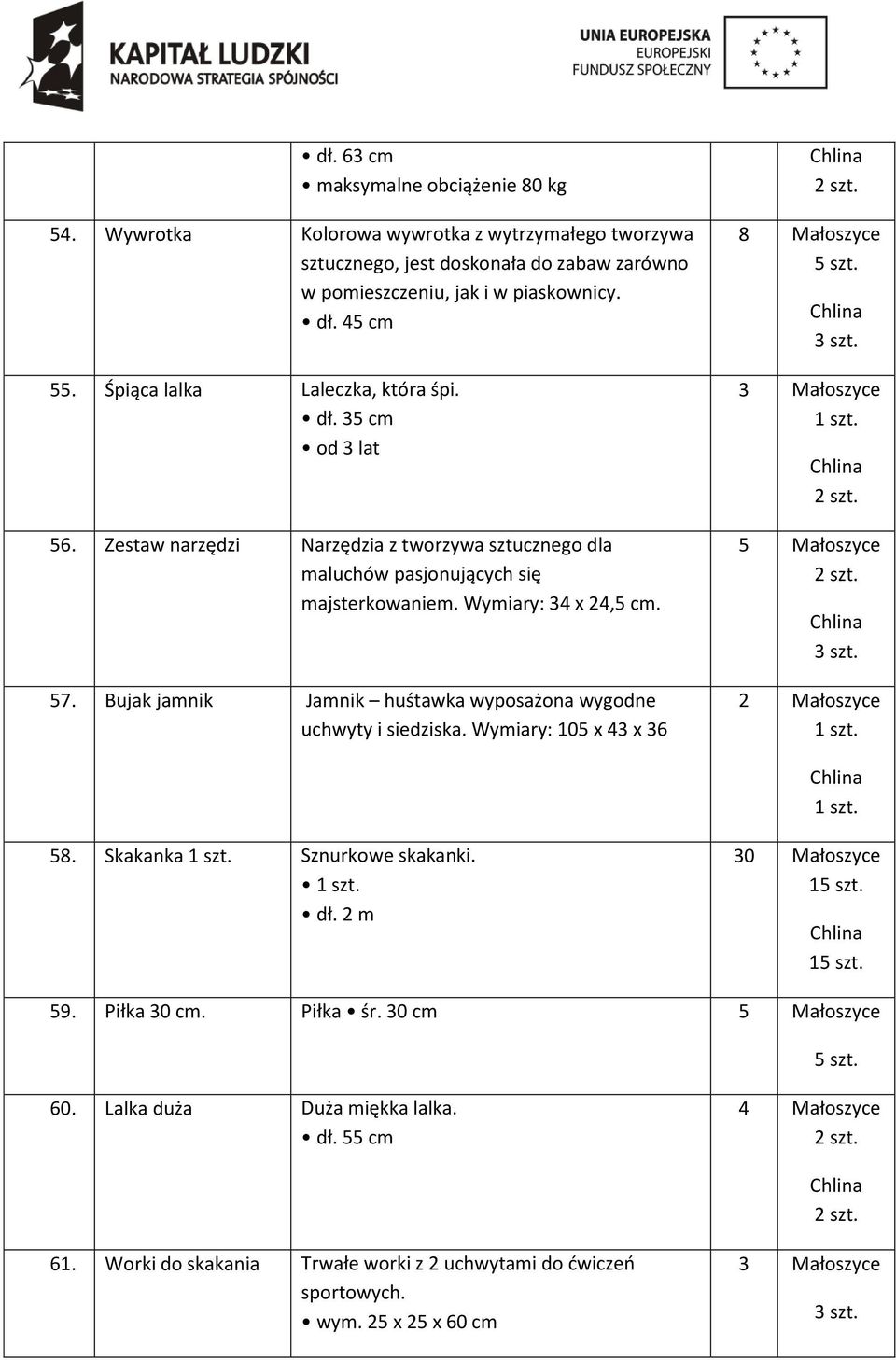 Bujak jamnik Jamnik huśtawka wyposażona wygodne uchwyty i siedziska. Wymiary: 105 x 43 x 36 8 Małoszyce 5 szt. 3 szt. 3 Małoszyce 5 Małoszyce 3 szt. 58. Skakanka Sznurkowe skakanki. dł.