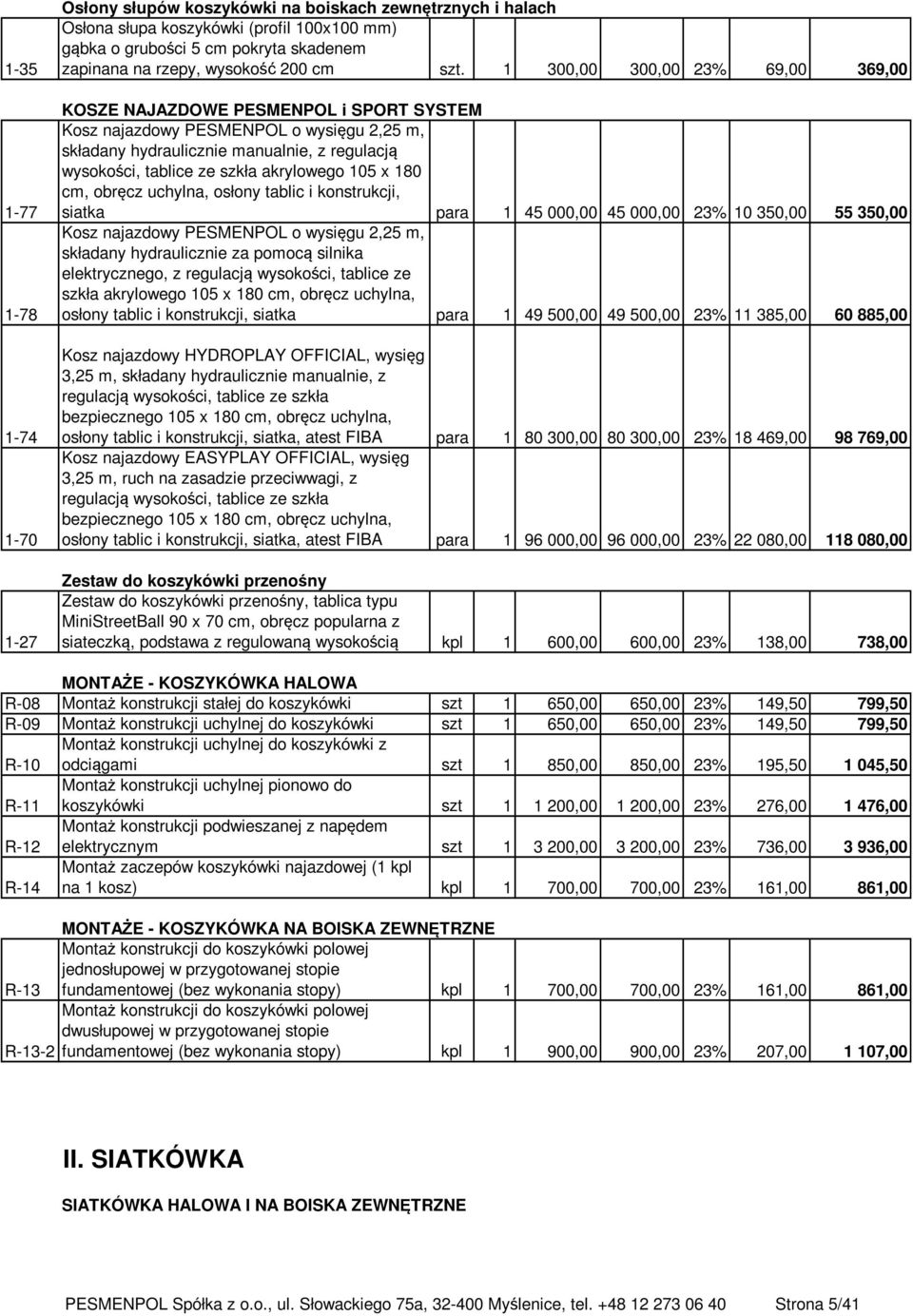 1 300,00 300,00 23% 69,00 369,00 KOSZE NAJAZDOWE PESMENPOL i SPORT SYSTEM Kosz najazdowy PESMENPOL o wysięgu 2,25 m, składany hydraulicznie manualnie, z regulacją wysokości, tablice ze szkła