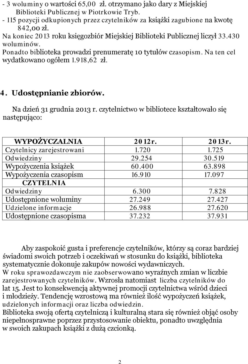 Udostępnianie zbiorów. Na dzień 31 grudnia 2013 r. czytelnictwo w bibliotece kształtowało się następująco: WYPOŻYCZALNIA 2012r. 2013r. Czytelnicy zarejestrowani 1.720 1.725 Odwiedziny 29.254 30.