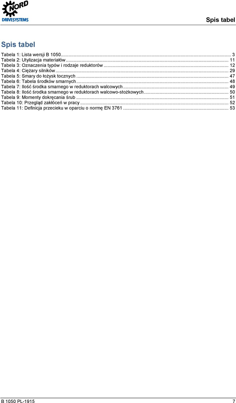 .. 47 Tabela 6: Tabela środków smarnych... 48 Tabela 7: Ilość środka smarnego w reduktorach walcowych.