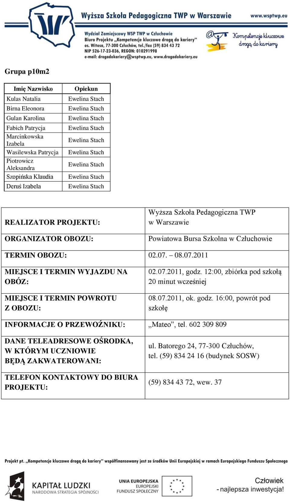 08.07.2011 MIEJSCE I TERMIN WYJAZDU NA OBÓZ: MIEJSCE I TERMIN POWROTU Z OBOZU: 02.07.2011, godz. 12:00, zbiórka pod szkołą 20 minut wcześniej 08.07.2011, ok. godz. 16:00, powrót pod szkołę INFORMACJE O PRZEWOŹNIKU: Mateo, tel.