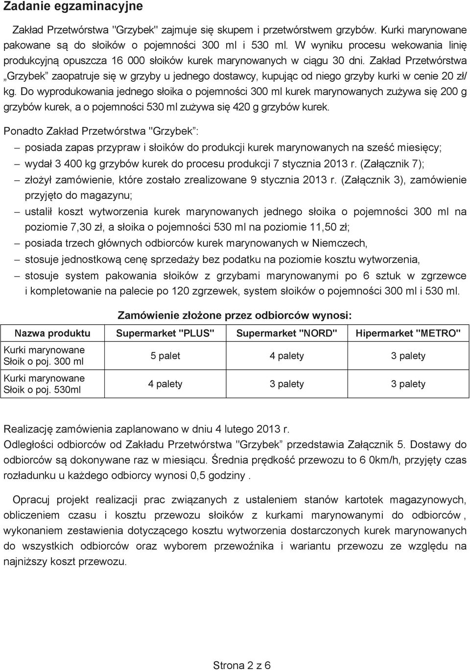 Zak ad Przetwórstwa Grzybek zaopatruje si w grzyby u jednego dostawcy, kupuj c od niego grzyby kurki w cenie 20 z / kg.