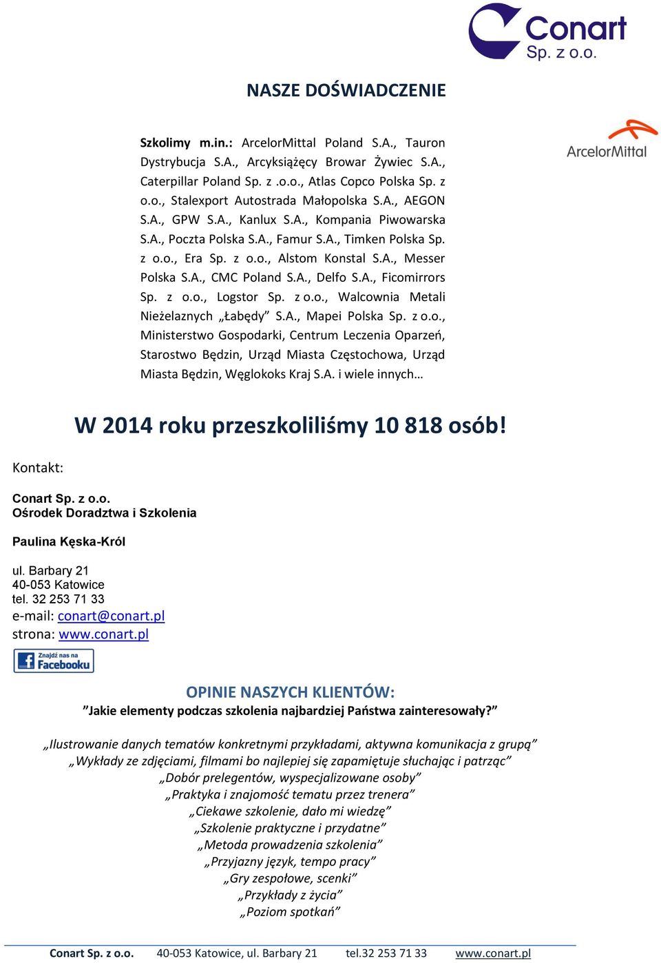 A., Ficomirrors Sp. z o.o., Logstor Sp. z o.o., Walcownia Metali Nieżelaznych Łabędy S.A., Mapei Polska Sp. z o.o., Ministerstwo Gospodarki, Centrum Leczenia Oparzeń, Starostwo Będzin, Urząd Miasta Częstochowa, Urząd Miasta Będzin, Węglokoks Kraj S.