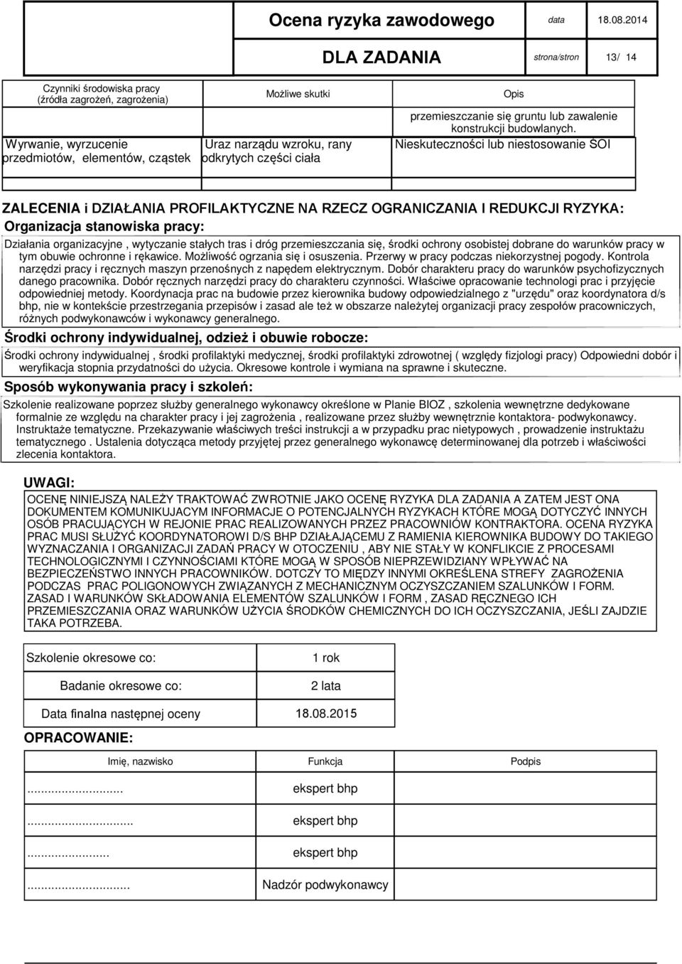 Nieskuteczności lub niestosowanie ŚOI ZALECENIA i DZIAŁANIA PROFILAKTYCZNE NA RZECZ OGRANICZANIA I REDUKCJI RYZYKA: Organizacja stanowiska pracy: Działania organizacyjne, wytyczanie stałych tras i