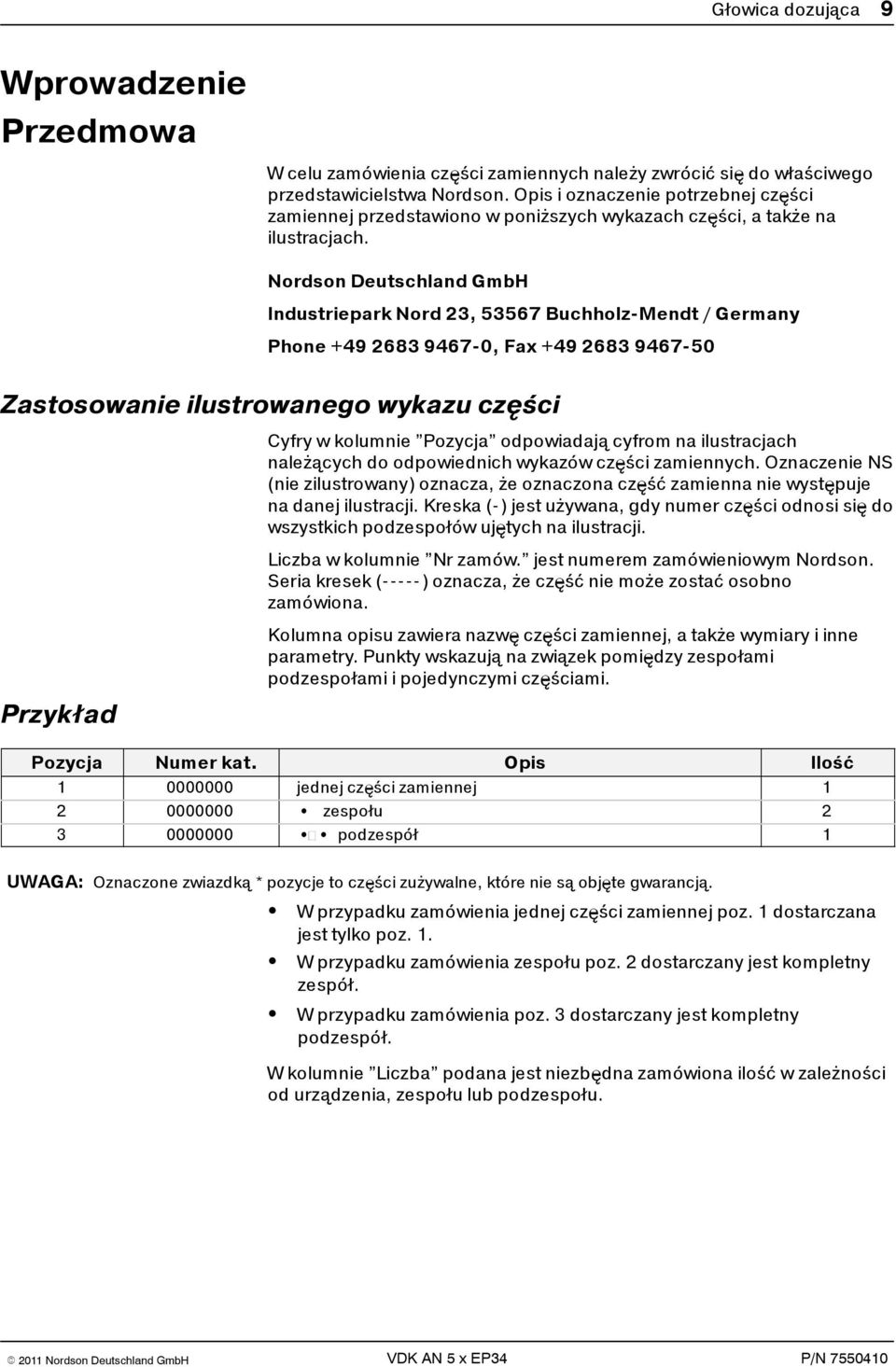 Nordson Deutschland GmbH Industriepark Nord 23, 53567 Buchholz-Mendt / Germany Phone +49 2683 9467-0, Fax +49 2683 9467-50 Zastosowanie ilustrowanego wykazu części Cyfry w kolumnie Pozycja