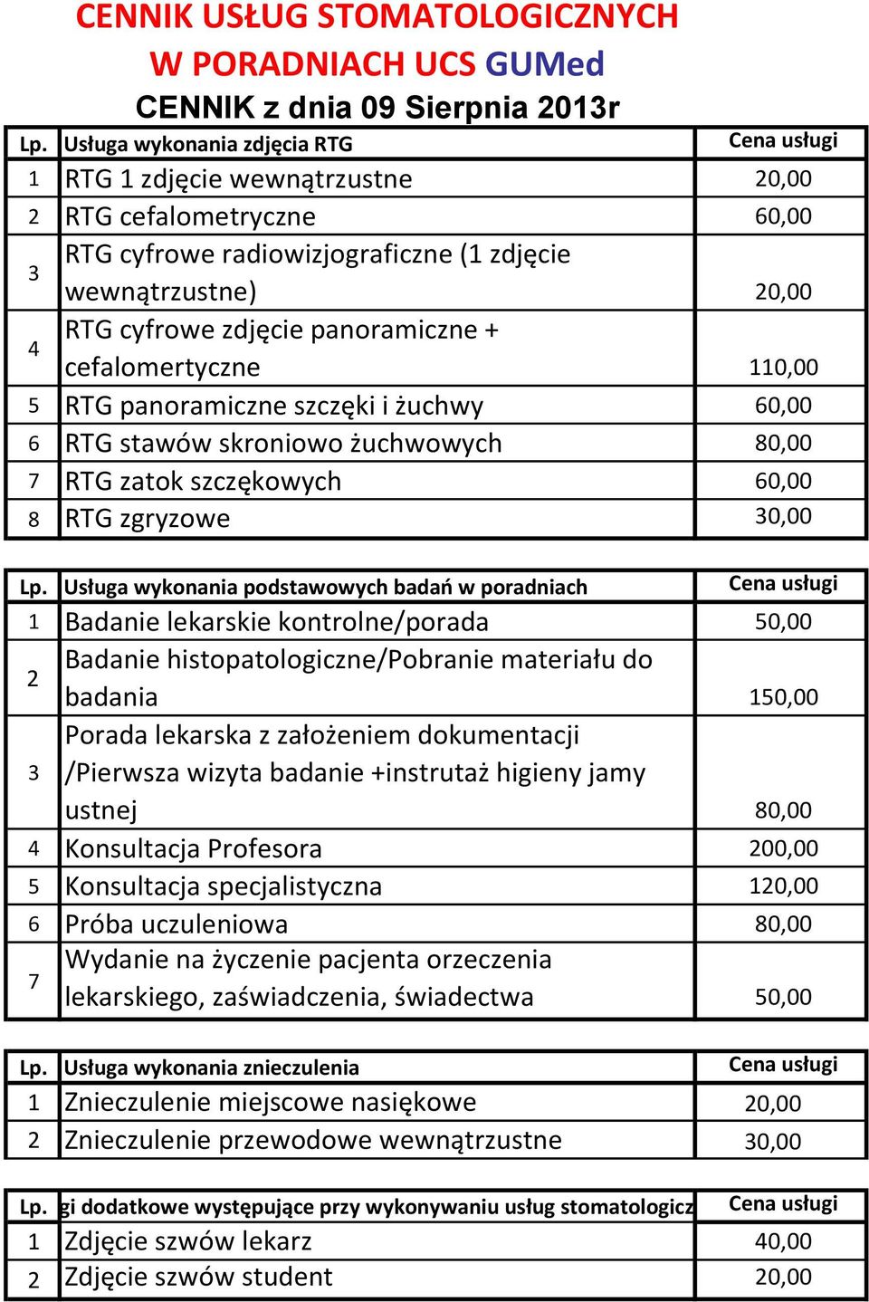 panoramiczne + cefalomertyczne 110,00 5 RTG panoramiczne szczęki i żuchwy 60,00 6 RTG stawów skroniowo żuchwowych 80,00 7 RTG zatok szczękowych 60,00 8 RTG zgryzowe 30,00 Lp.