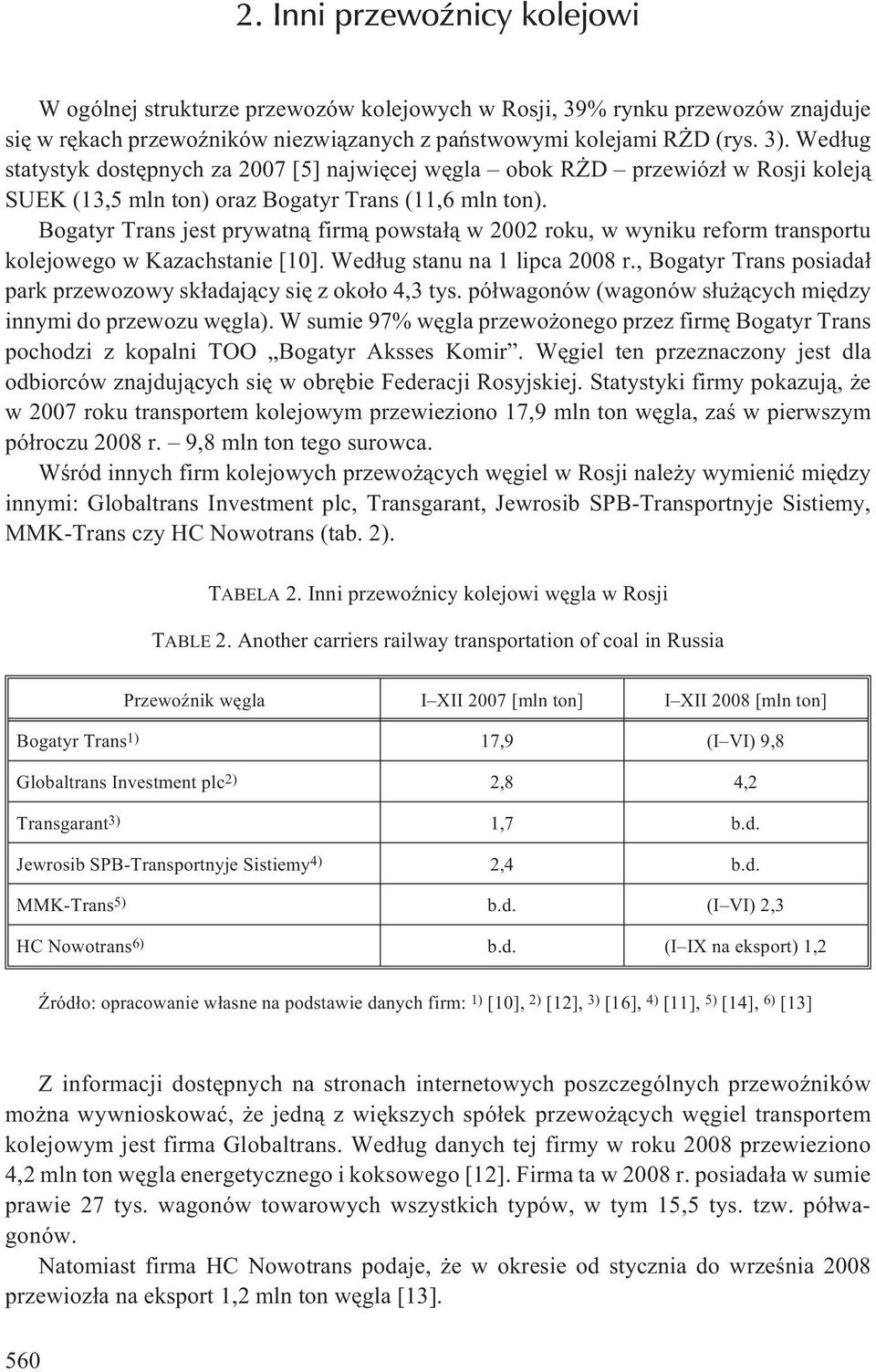 Bogatyr Trans jest prywatn¹ firm¹ powsta³¹ w 2002 roku, w wyniku reform transportu kolejowego w Kazachstanie [10]. Wed³ug stanu na 1 lipca 2008 r.