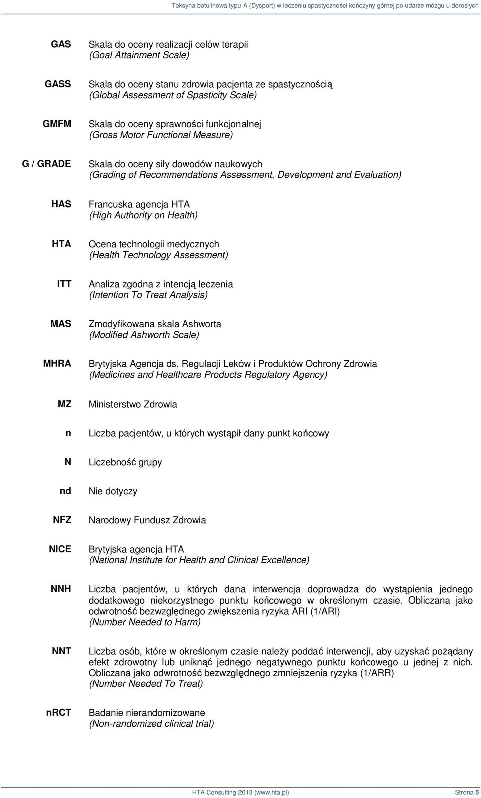 Authority on Health) HTA Ocena technologii medycznych (Health Technology Assessment) ITT Analiza zgodna z intencją leczenia (Intention To Treat Analysis) MAS Zmodyfikowana skala Ashworta (Modified