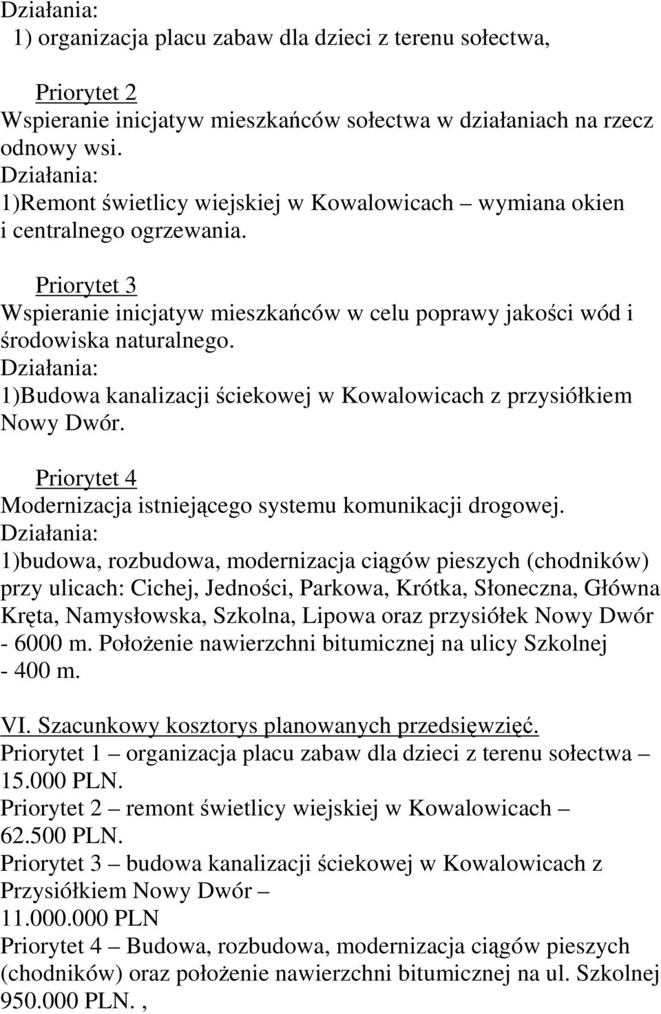 Działania: 1)Budowa kanalizacji ściekowej w Kowalowicach z przysiółkiem Nowy Dwór. Priorytet 4 Modernizacja istniejącego systemu komunikacji drogowej.