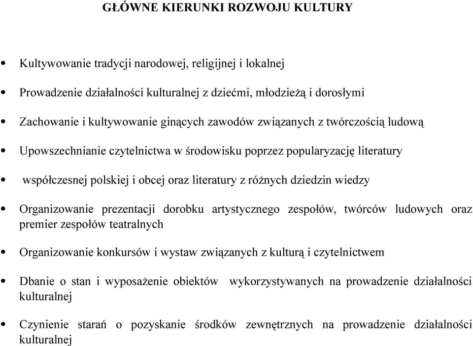 dziedzin wiedzy Organizowanie prezentacji dorobku artystycznego zespołów, twórców ludowych oraz premier zespołów teatralnych Organizowanie konkursów i wystaw związanych z kulturą i