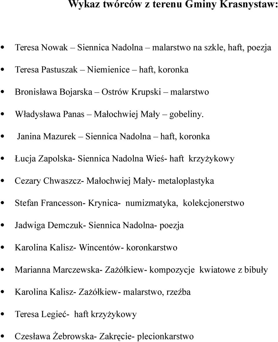 Janina Mazurek Siennica Nadolna haft, koronka Łucja Zapolska- Siennica Nadolna Wieś- haft krzyżykowy Cezary Chwaszcz- Małochwiej Mały- metaloplastyka Stefan Francesson-