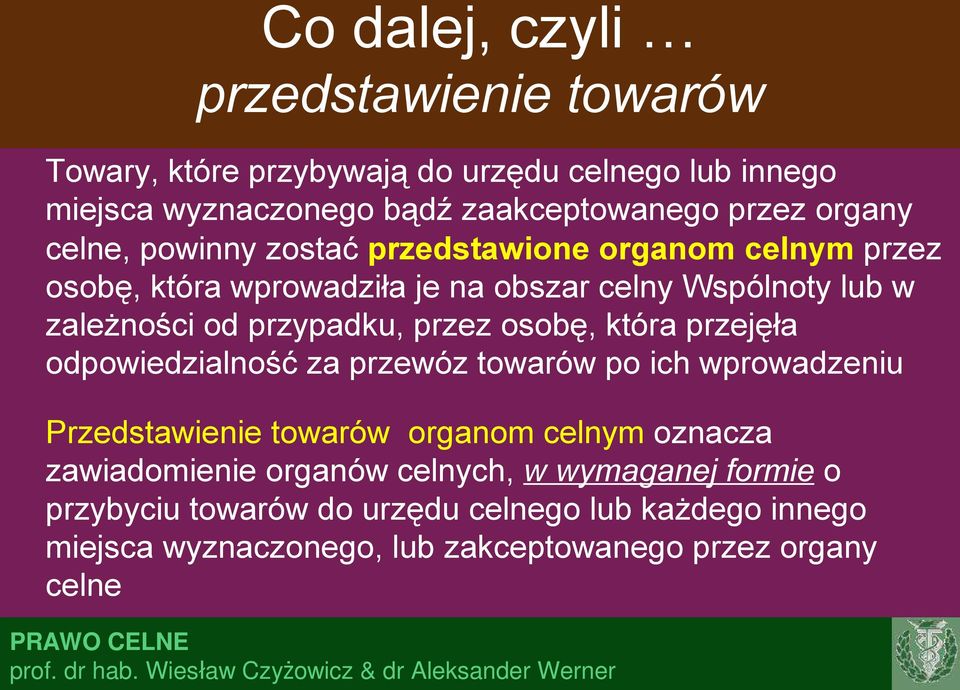 przypadku, przez osobę, która przejęła odpowiedzialność za przewóz towarów po ich wprowadzeniu Przedstawienie towarów organom celnym oznacza