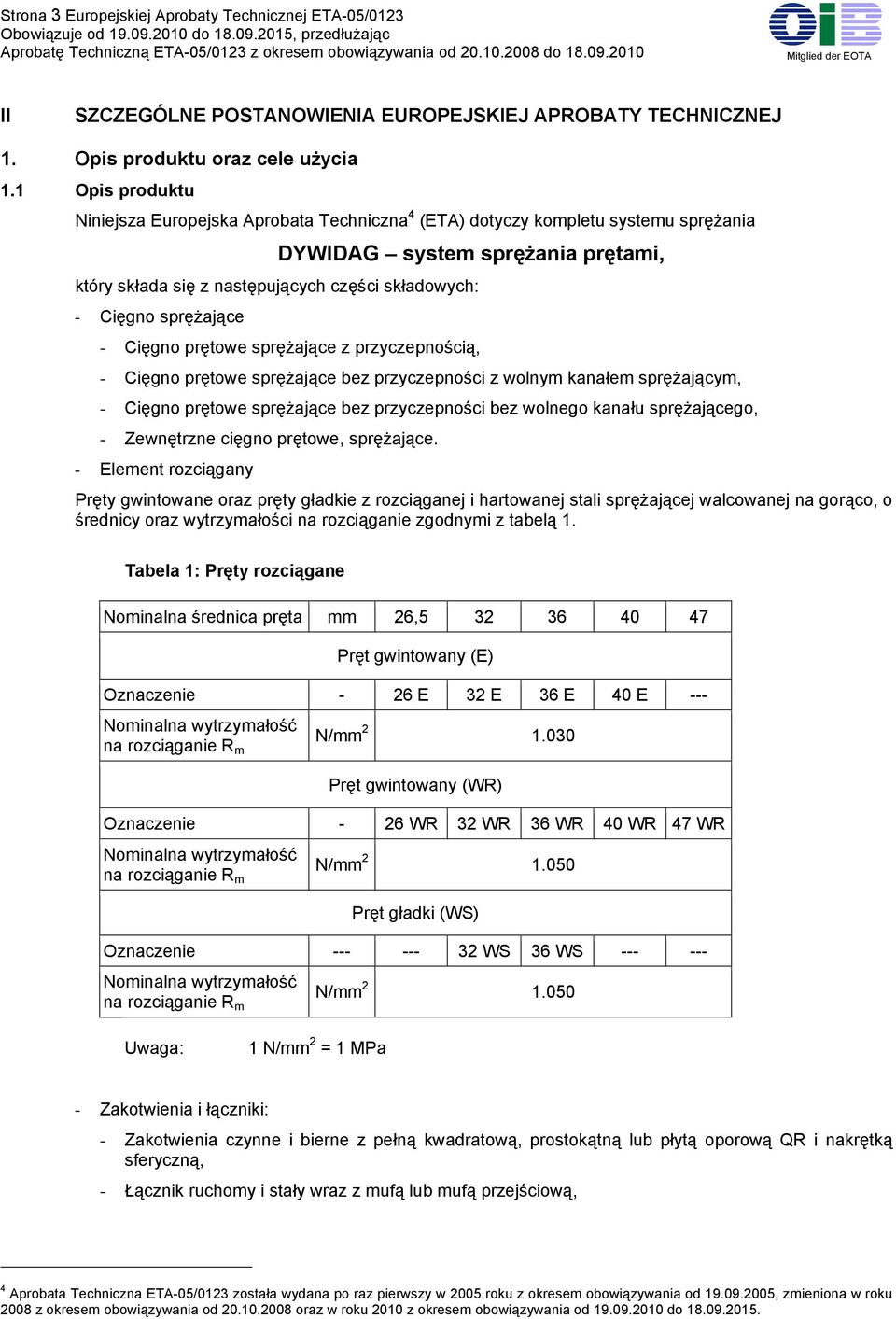 1 Opis produktu Niniejsza Europejska Aprobata Techniczna 4 (ETA) dotyczy kompletu systemu sprężania DYWIDAG system sprężania prętami, który składa się z następujących części składowych: - Cięgno