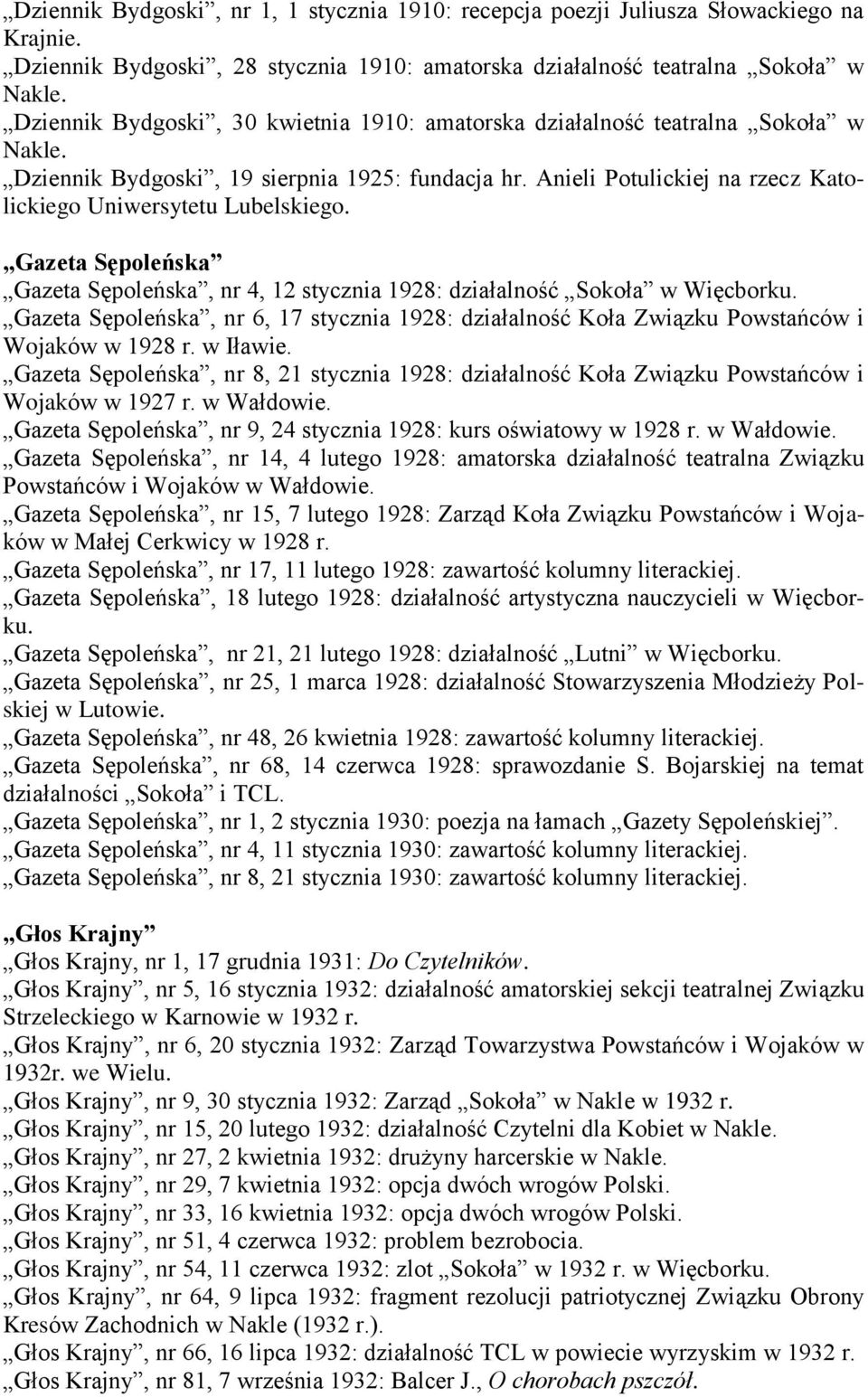 Anieli Potulickiej na rzecz Katolickiego Uniwersytetu Lubelskiego. Gazeta Sępoleńska Gazeta Sępoleńska, nr 4, 12 stycznia 1928: działalność Sokoła w Więcborku.
