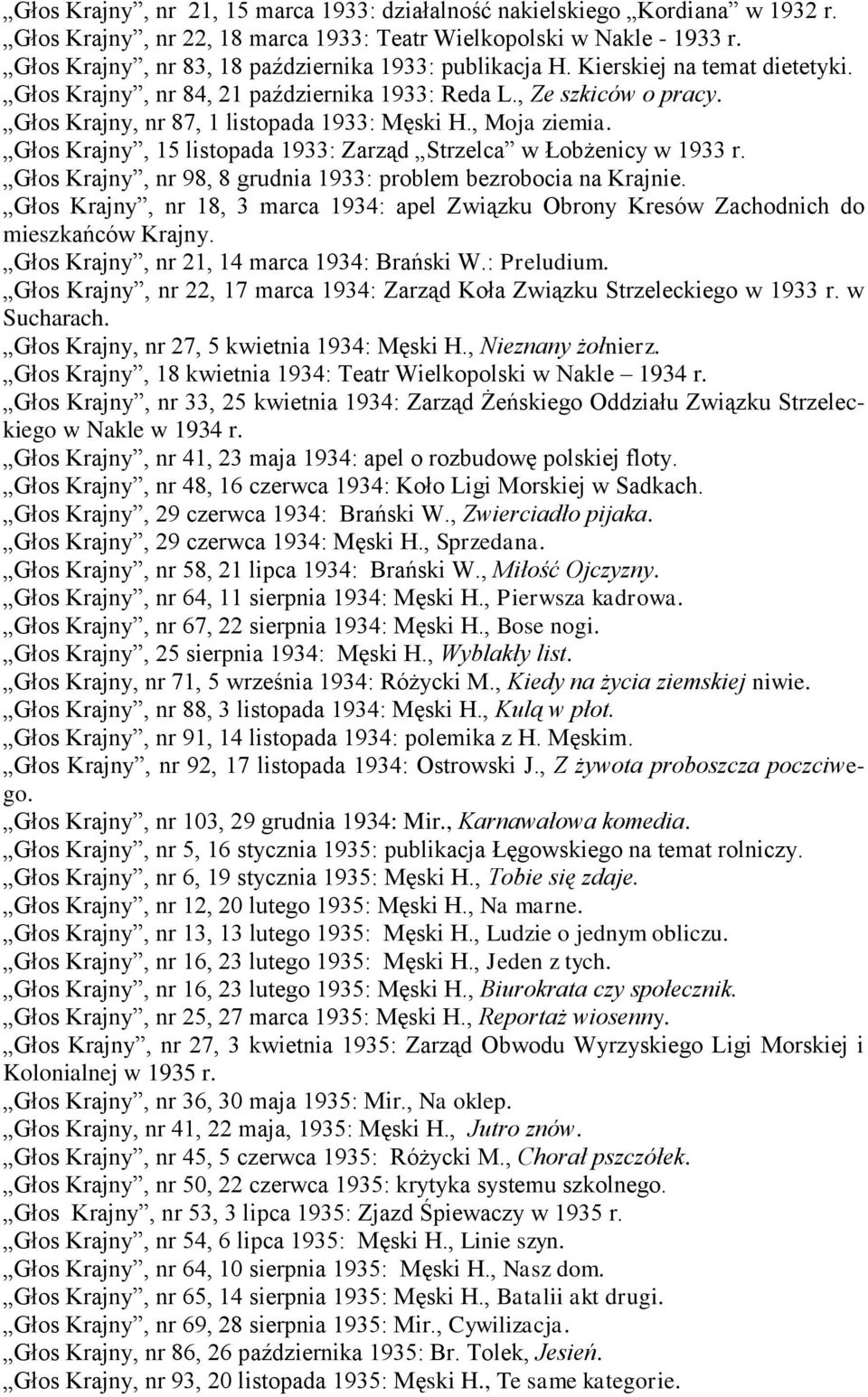 Głos Krajny, nr 87, 1 listopada 1933: Męski H., Moja ziemia. Głos Krajny, 15 listopada 1933: Zarząd Strzelca w Łobżenicy w 1933 r. Głos Krajny, nr 98, 8 grudnia 1933: problem bezrobocia na Krajnie.