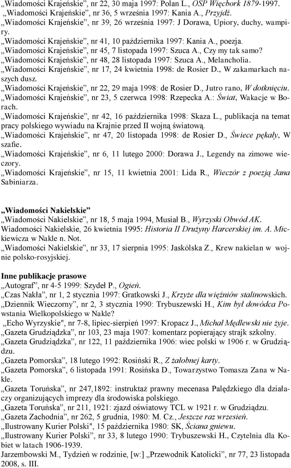 Wiadomości Krajeńskie, nr 45, 7 listopada 1997: Szuca A., Czy my tak samo? Wiadomości Krajeńskie, nr 48, 28 listopada 1997: Szuca A., Melancholia.