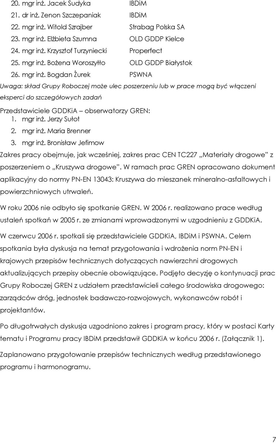 Bogdan śurek PSWNA Uwaga: skład Grupy Roboczej moŝe ulec poszerzeniu lub w prace mogą być włączeni eksperci do szczegółowych zadań Przedstawiciele GDDKiA obserwatorzy GREN: 1. mgr inŝ. Jerzy Sułot 2.