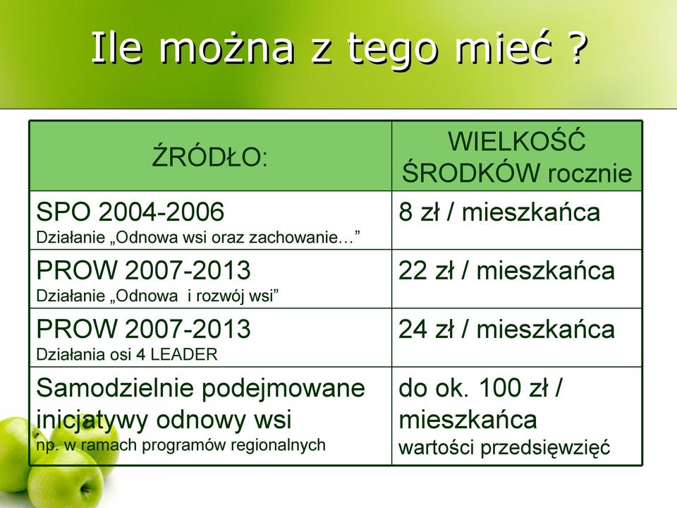 rozwój wsi PROW 2007-2013 Działania osi 4 LEADER Samodzielnie podejmowane inicjatywy odnowy