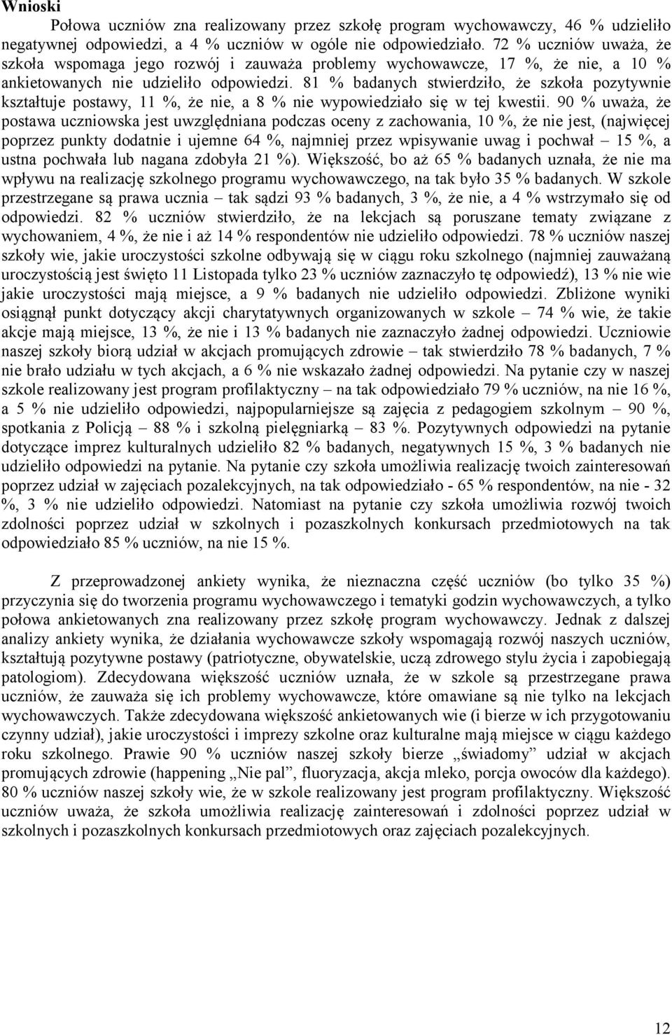 81 % badanych stwierdziło, że szkoła pozytywnie kształtuje postawy, 11 %, że nie, a 8 % nie wypowiedziało się w tej kwestii.