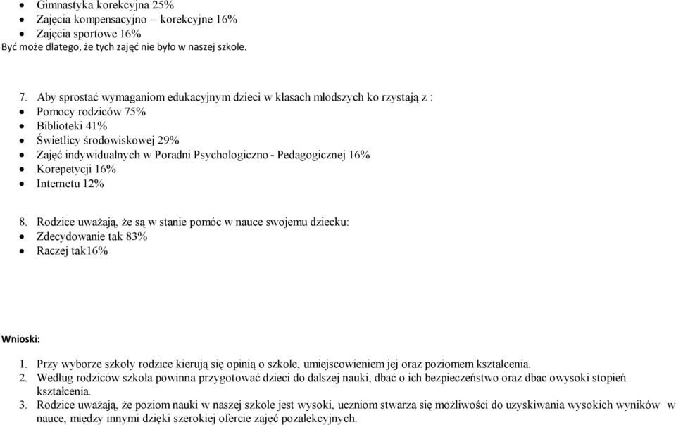 Pedagogicznej Korepetycji Internetu 12% 8. Rodzice uważają, że są w stanie pomóc w nauce swojemu dziecku: Zdecydowanie tak Wnioski: 1.