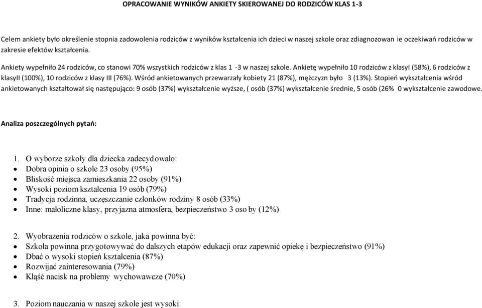 Ankietę wypełniło 10 rodziców z klasyi (58%), 6 rodziców z klasyii (10), 10 rodziców z klasy III (76%). Wśród ankietowanych przewarzały kobiety 21 (87%), mężczyzn było 3 (13%).