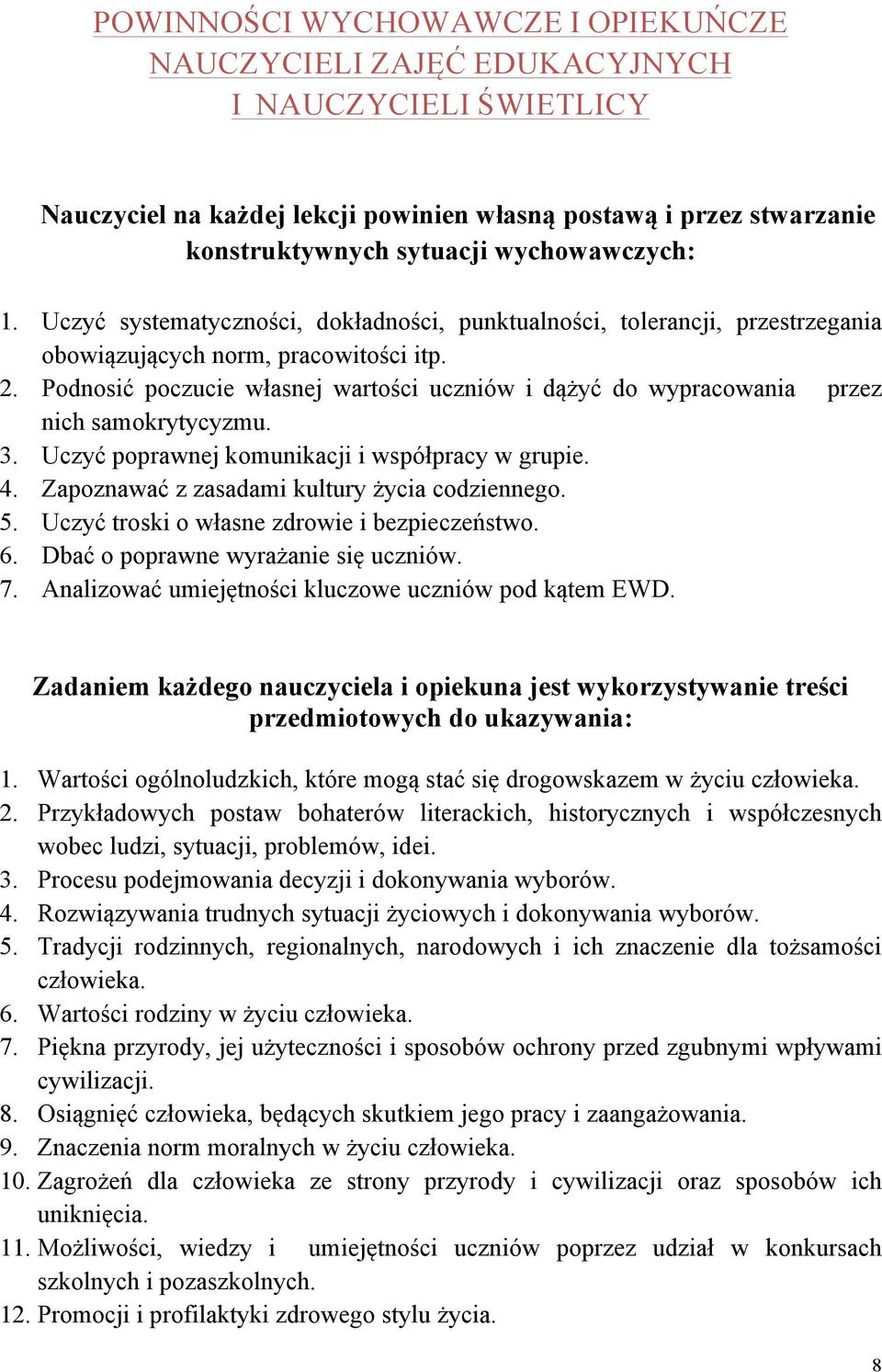 Podnosić poczucie własnej wartości uczniów i dążyć do wypracowania przez nich samokrytycyzmu. 3. Uczyć poprawnej komunikacji i współpracy w grupie. 4. Zapoznawać z zasadami kultury życia codziennego.