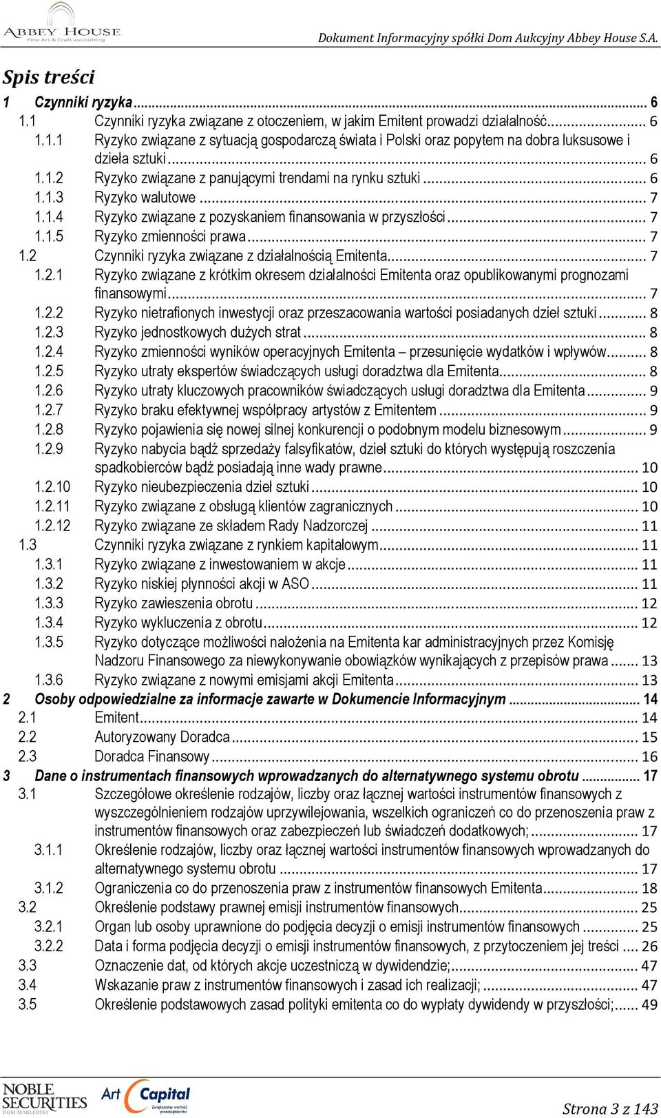 .. 7 1.2.1 Ryzyko związane z krótkim okresem działalności Emitenta oraz opublikowanymi prognozami finansowymi... 7 1.2.2 Ryzyko nietrafionych inwestycji oraz przeszacowania wartości posiadanych dzieł sztuki.