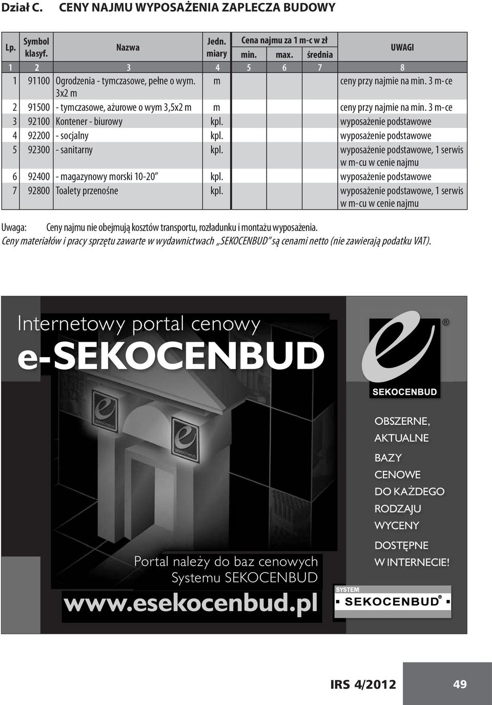 wyposażenie podstawowe 5 92300 - sanitarny kpl. wyposażenie podstawowe, 1 serwis w m-cu w cenie najmu 6 92400 - magazynowy morski 10-20 kpl. wyposażenie podstawowe 7 92800 Toalety przenośne kpl.