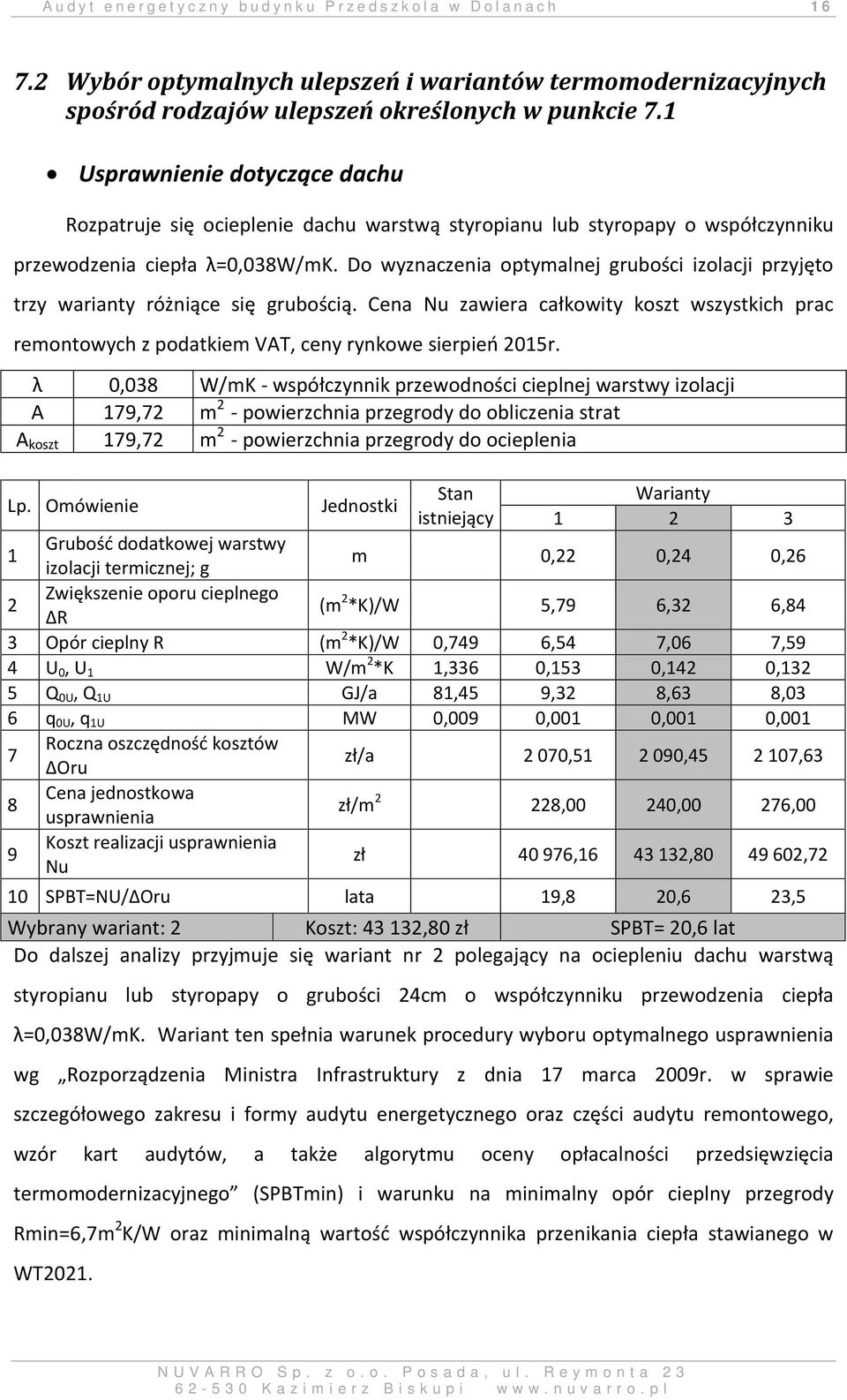 Do wyznaczenia optymalnej grubości izolacji przyjęto trzy warianty różniące się grubością. Cena Nu zawiera całkowity koszt wszystkich prac remontowych z podatkiem VAT, ceny rynkowe sierpień 2015r.