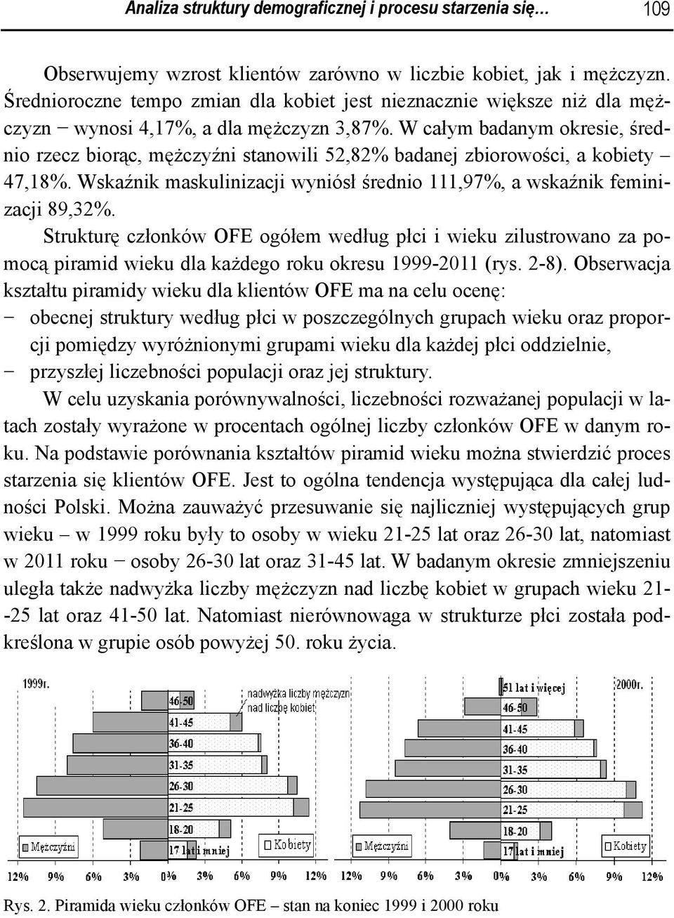 W całym badanym okresie, średnio rzecz biorąc, mężczyźni stanowili 52,82% badanej zbiorowości, a kobiety 47,18%. Wskaźnik maskulinizacji wyniósł średnio 111,97%, a wskaźnik feminizacji 89,32%.