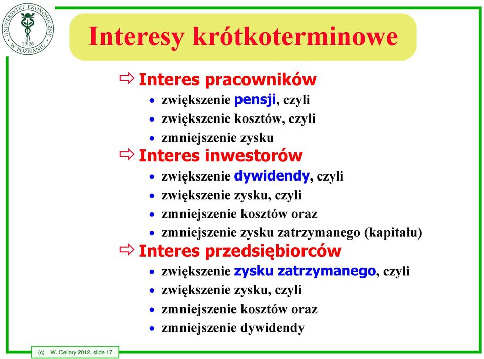 kosztów oraz zmniejszenie zysku zatrzymanego (kapitału) Interes przedsiębiorców zwiększenie zysku
