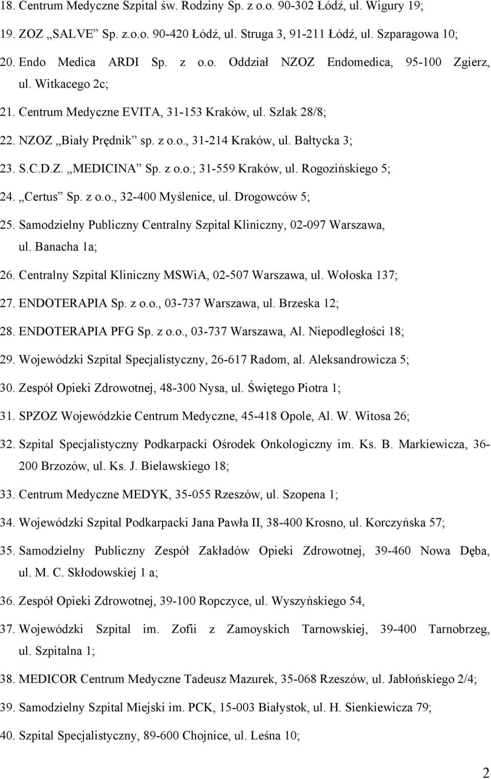 Rogozińskiego 5; 24. Certus Sp. z o.o., 32-400 Myślenice, ul. Drogowców 5; 25. Samodzielny Publiczny Centralny Szpital Kliniczny, 02-097 Warszawa, ul. Banacha 1a; 26.