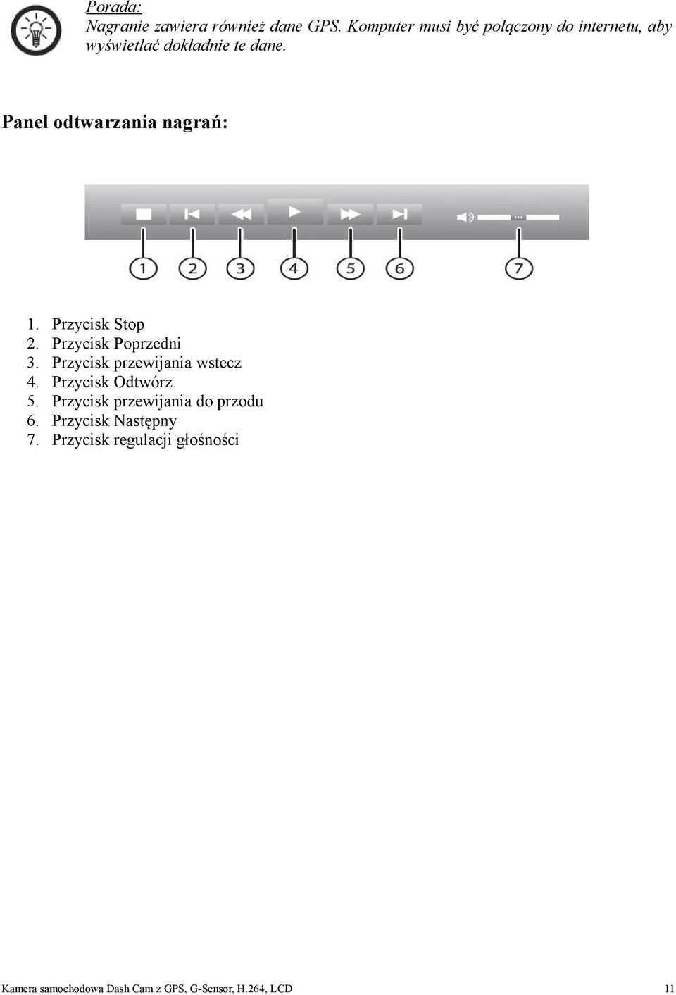 Panel odtwarzania nagrań: 1. Przycisk Stop 2. Przycisk Poprzedni 3.