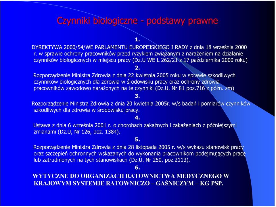 U WE L 262/21 z 17 października 2000 roku) Rozporządzenie Ministra Zdrowia z dnia 22 kwietnia 2005 roku w sprawie szkodliwych czynników biologicznych dla zdrowia w środowisku pracy oraz ochrony