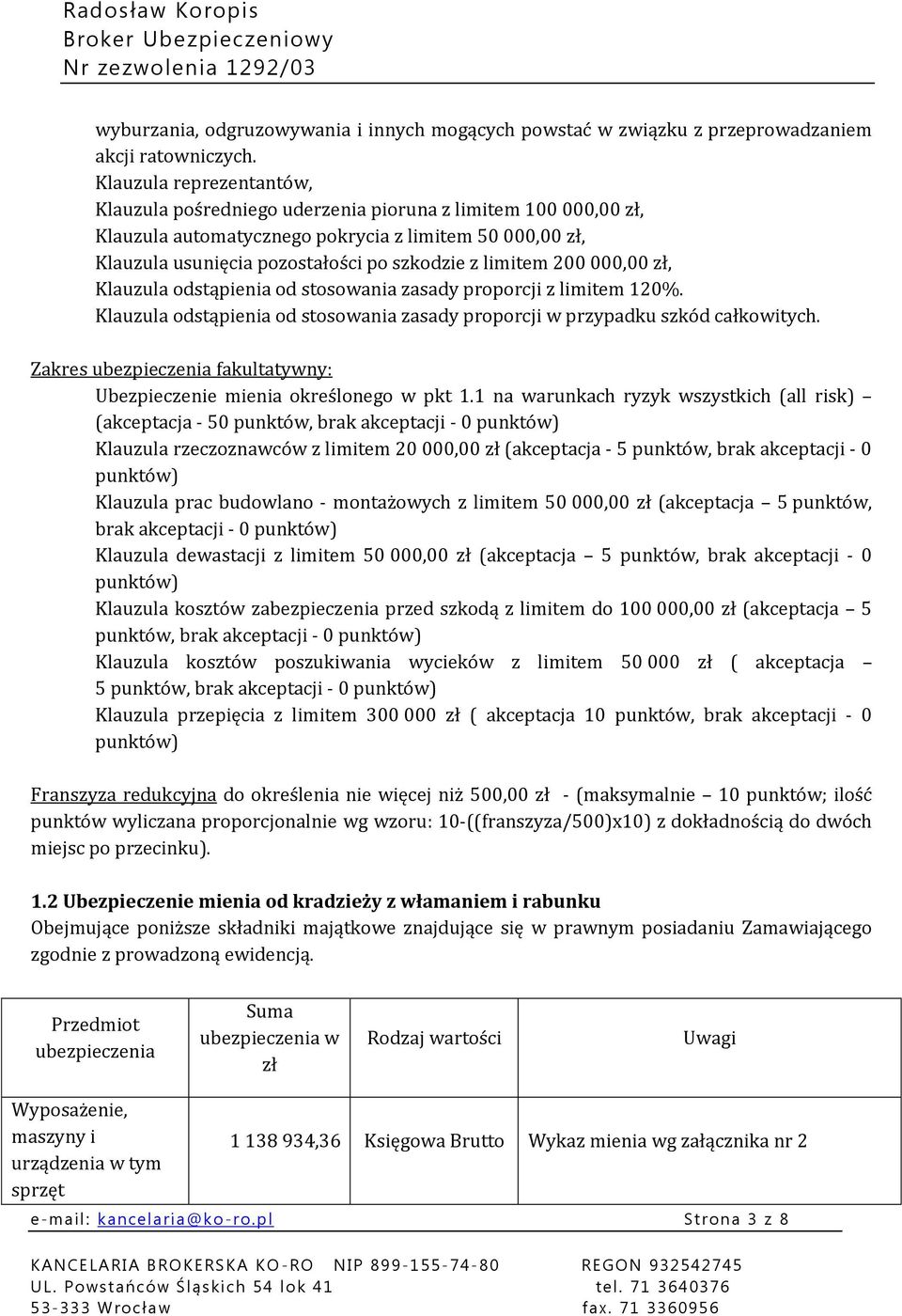 200 000,00 zł, Klauzula odstąpienia od stosowania zasady proporcji z limitem 120%. Klauzula odstąpienia od stosowania zasady proporcji w przypadku szkód całkowitych.