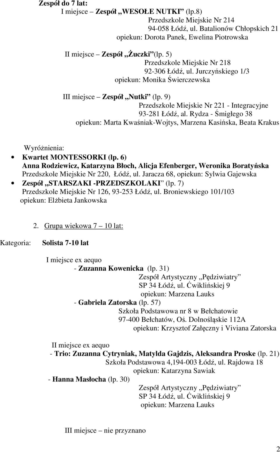 Rydza - Śmigłego 38 opiekun: Marta Kwaśniak-Wojtys, Marzena Kasińska, Beata Krakus Kwartet MONTESSORKI (lp.