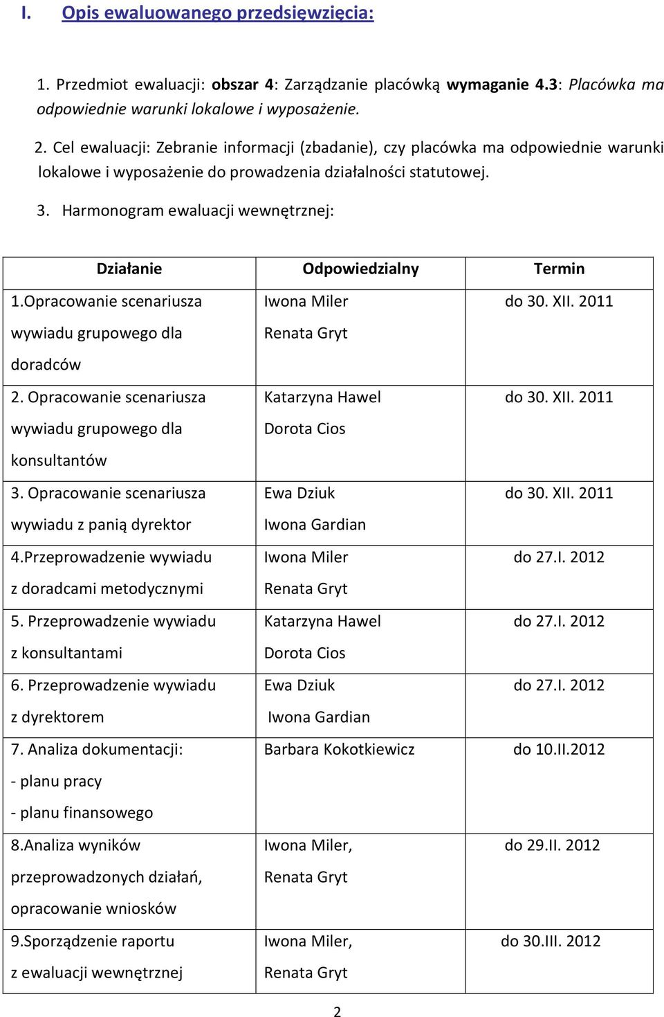 Harmonogram ewaluacji wewnętrznej: Działanie Odpowiedzialny Termin 1.Opracowanie scenariusza wywiadu grupowego dla doradców 2. Opracowanie scenariusza wywiadu grupowego dla konsultantów 3.