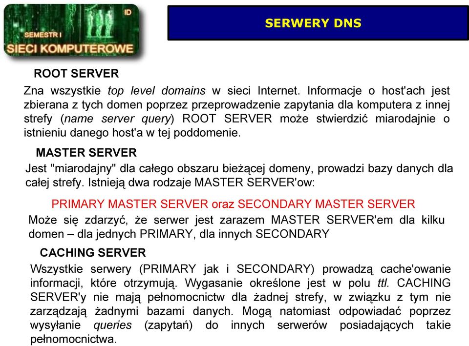 tej poddomenie. MASTER SERVER Jest "miarodajny" dla całego obszaru bieżącej domeny, prowadzi bazy danych dla całej strefy.